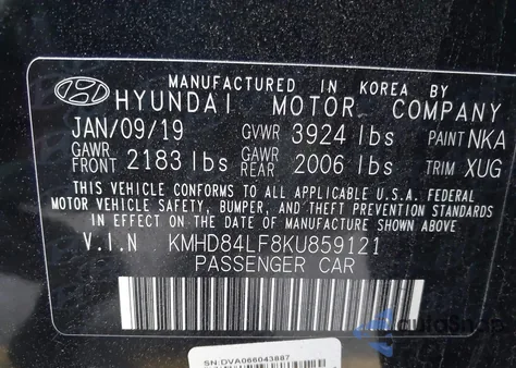 2019 Hyundai Elantra Value Edition z USA, uszkodzony, nr VIN KMHD84LF8KU859121